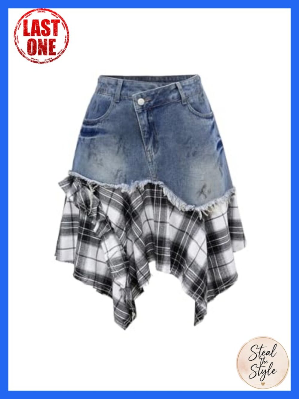 Plus Size Plaid Denim A-Line Grunge Punk Skirt Distressed Y2K